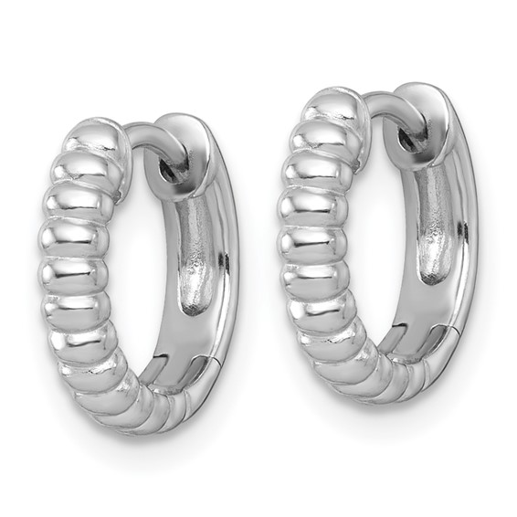 Sterling Silver Rhodium-plated Polished Grooved 3.00 x 13mm Round Hinged Hoop Earrings