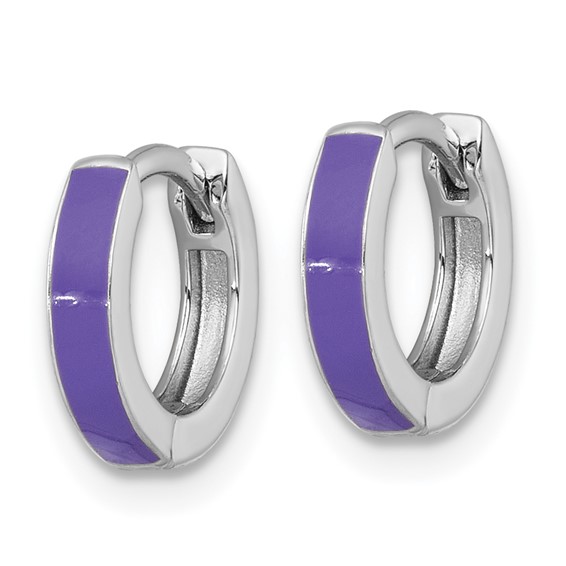 Sterling Silver Rhodium-plated Polished Purple Enameled Hinged Round Hoop Earrings