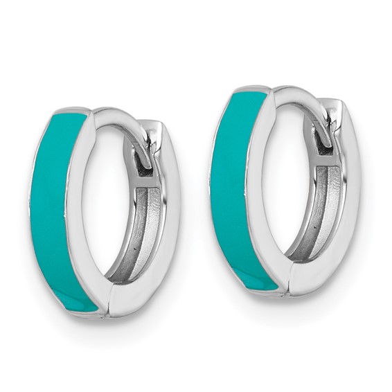 Sterling Silver Rhodium-plated Polished Teal Enameled Hinged Round Hoop Earrings