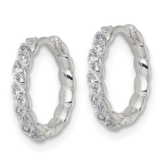 Sterling Silver Polished and Twisted 2.2mm x 12mm CZ Hinged Round Hoop Earrings