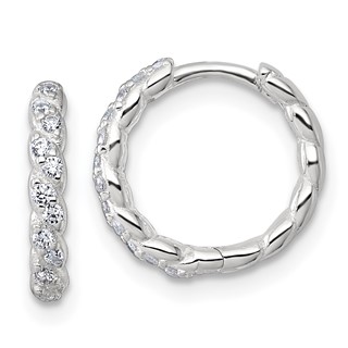 Sterling Silver Polished and Twisted 2.2mm x 12mm CZ Hinged Round Hoop Earrings