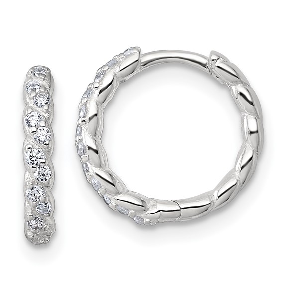 Sterling Silver Polished and Twisted 2.2mm x 12mm CZ Hinged Round Hoop Earrings