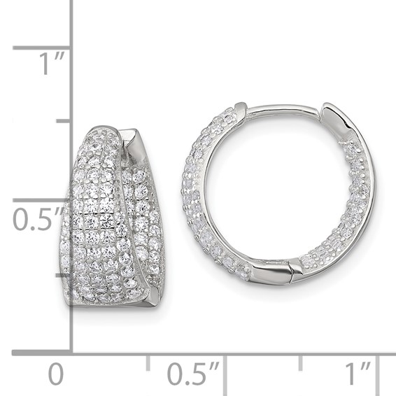 Sterling Silver Polished Tapered In and Out CZ 16mm Hinged Round Hoop Earrings