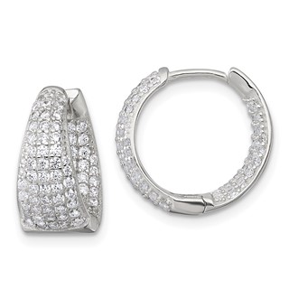 Sterling Silver Polished Tapered In and Out CZ 16mm Hinged Round Hoop Earrings