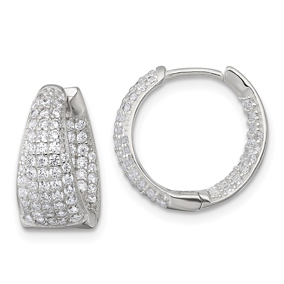 Sterling Silver Polished Tapered In and Out CZ 16mm Hinged Round Hoop Earrings