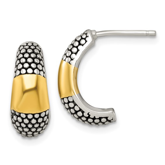 Sterling Silver and Gold-tone Polished Antiqued Textured Post J-Hoop Earrings