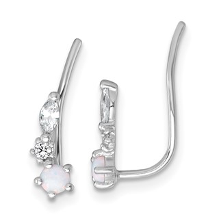 Sterling Silver Rhodium-plated Polished CZ and Lab Created Opal Ear Climber Earrings