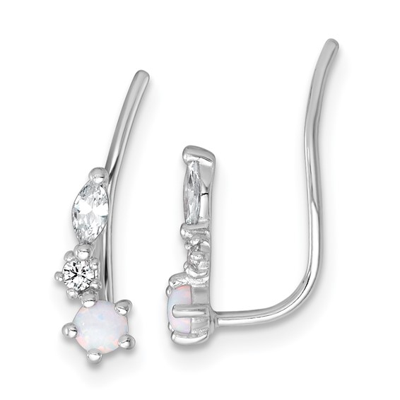 Sterling Silver Rhodium-plated Polished CZ and Lab Created Opal Ear Climber Earrings