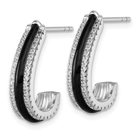 Sterling Silver Rhodium-plated CZ with Black Enamel J-Hoop Post Earrings