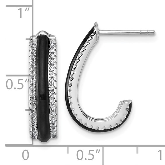 Sterling Silver Rhodium-plated CZ with Black Enamel J-Hoop Post Earrings
