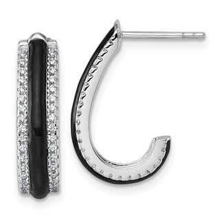 Sterling Silver Rhodium-plated CZ with Black Enamel J-Hoop Post Earrings