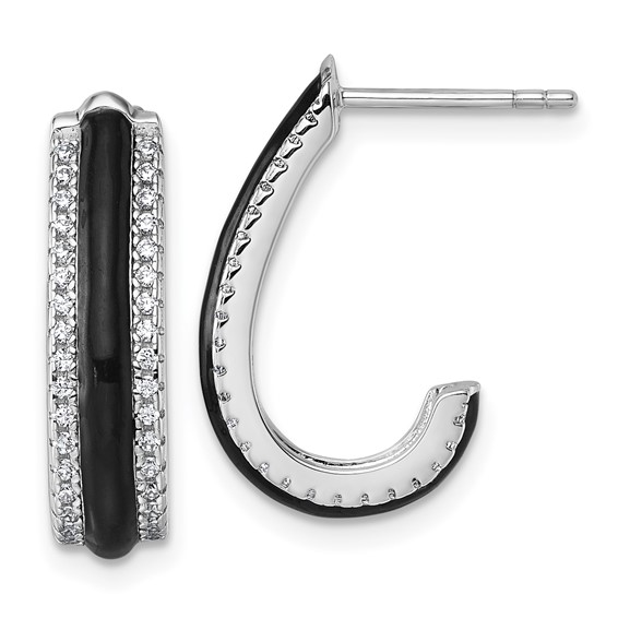 Sterling Silver Rhodium-plated CZ with Black Enamel J-Hoop Post Earrings
