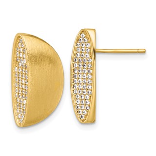 Sterling Silver Gold-tone Polished and Brushed Pave CZ Half Circle Post Earrings