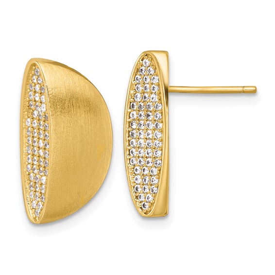 Sterling Silver Gold-tone Polished and Brushed Pave CZ Half Circle Post Earrings