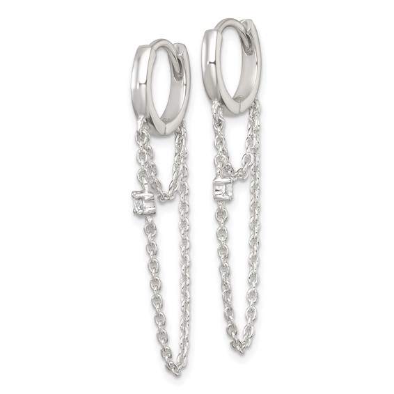 Sterling Silver Polished White CZ Dangling Chain Round Hinged Hoop Earrings