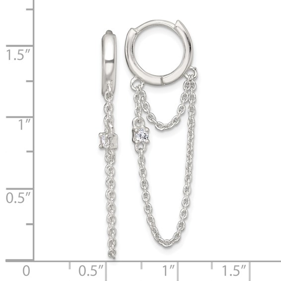 Sterling Silver Polished White CZ Dangling Chain Round Hinged Hoop Earrings