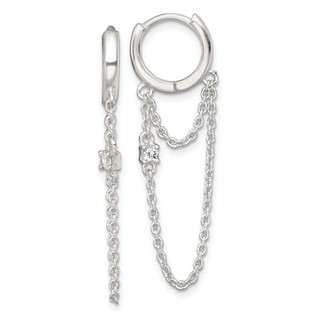 Sterling Silver Polished White CZ Dangling Chain Round Hinged Hoop Earrings