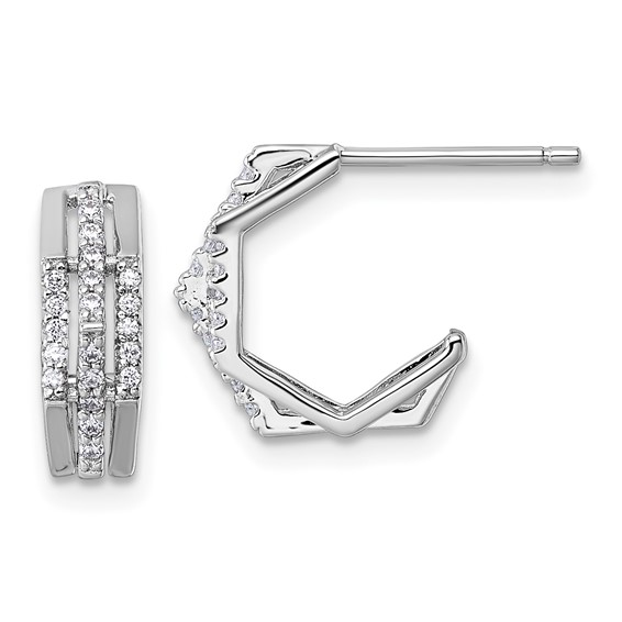 Sterling Silver Rhodium-plated CZ 3-Row Polished J-Hoop Post Earrings