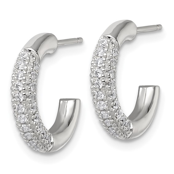 Sterling Silver Polished Pave CZ Post C-Hoop Earrings