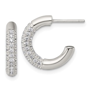Sterling Silver Polished Pave CZ Post C-Hoop Earrings