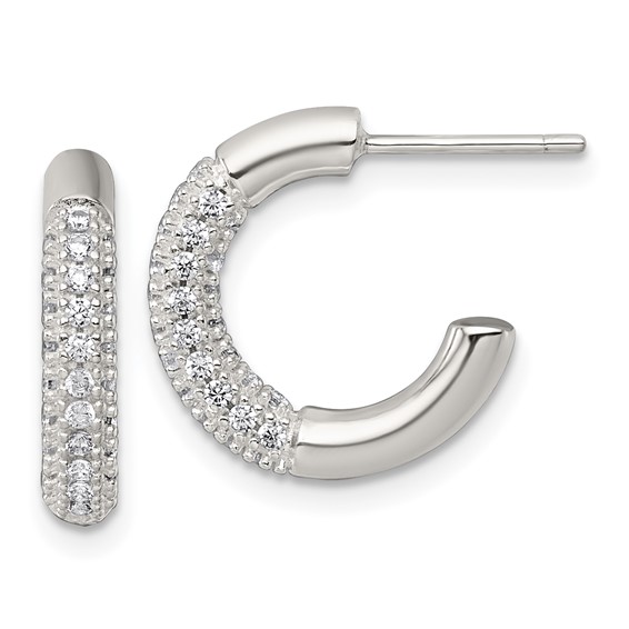 Sterling Silver Polished Pave CZ Post C-Hoop Earrings
