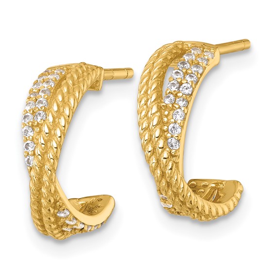 Sterling Silver Gold-Tone Polished and Twisted CZ -X- C-Hoop Post Earrings