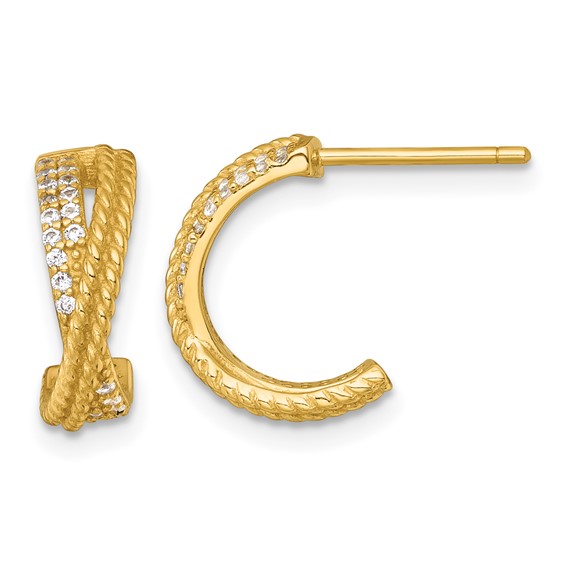 Sterling Silver Gold-Tone Polished and Twisted CZ -X- C-Hoop Post Earrings