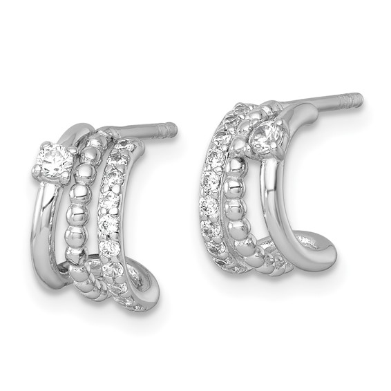 Sterling Silver Rhodium-plated Polished Beaded CZ Post C-Hoop Earrings