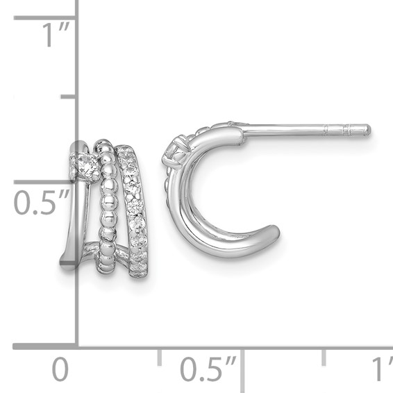 Sterling Silver Rhodium-plated Polished Beaded CZ Post C-Hoop Earrings