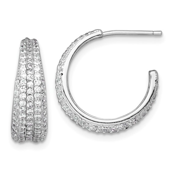 Sterling Silver Rhodium-plated Polished and Tapered Pave CZ C-Hoop Post Earrings