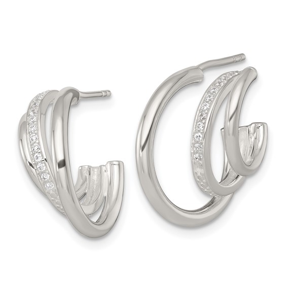 Sterling Silver Polished CZ 3-Row C-Hoop Post Earrings