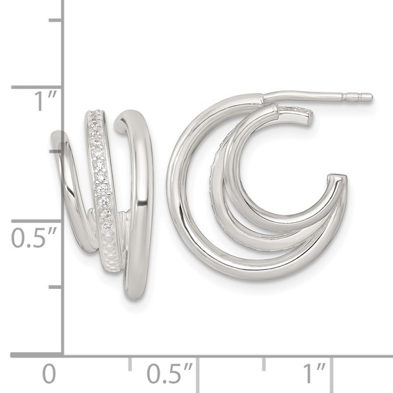 Sterling Silver Polished CZ 3-Row C-Hoop Post Earrings