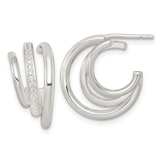 Sterling Silver Polished CZ 3-Row C-Hoop Post Earrings