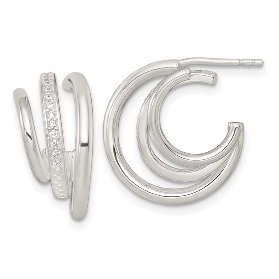 Sterling Silver Polished CZ 3-Row C-Hoop Post Earrings