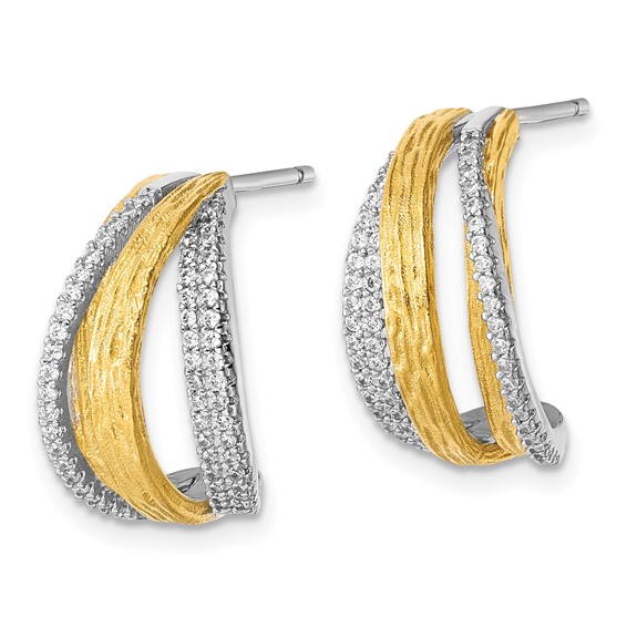Sterling Silver Rhodium and Gold-tone CZ Brushed and Polished Curved J-Hoop Post Earrings