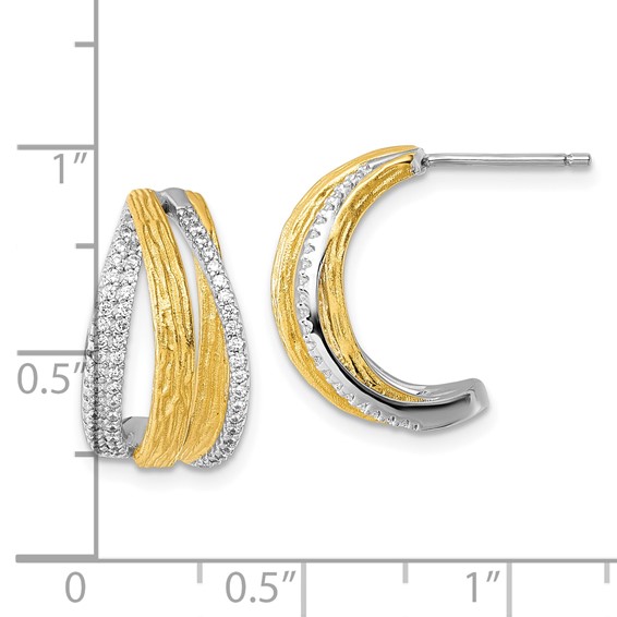 Sterling Silver Rhodium and Gold-tone CZ Brushed and Polished Curved J-Hoop Post Earrings