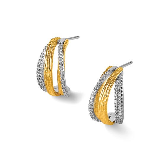 Sterling Silver Rhodium and Gold-tone CZ Brushed and Polished Curved J-Hoop Post Earrings