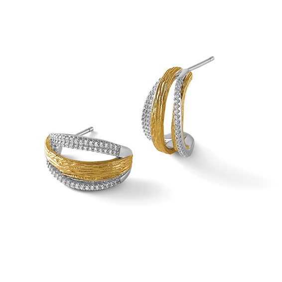 Sterling Silver Rhodium and Gold-tone CZ Brushed and Polished Curved J-Hoop Post Earrings