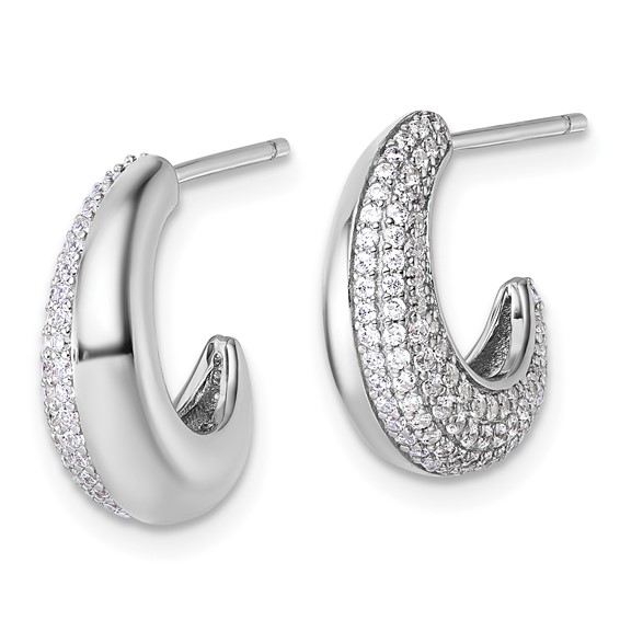 Sterling Silver Rhodium-plated CZ Polished J-Hoop Post Earrings
