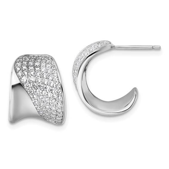 Sterling Silver Rhodium-plated CZ Polished J-Hoop Post Earrings