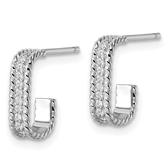 Sterling Silver Rhodium-plated CZ Rope Edge Rectangle J-Hoop Post Earrings