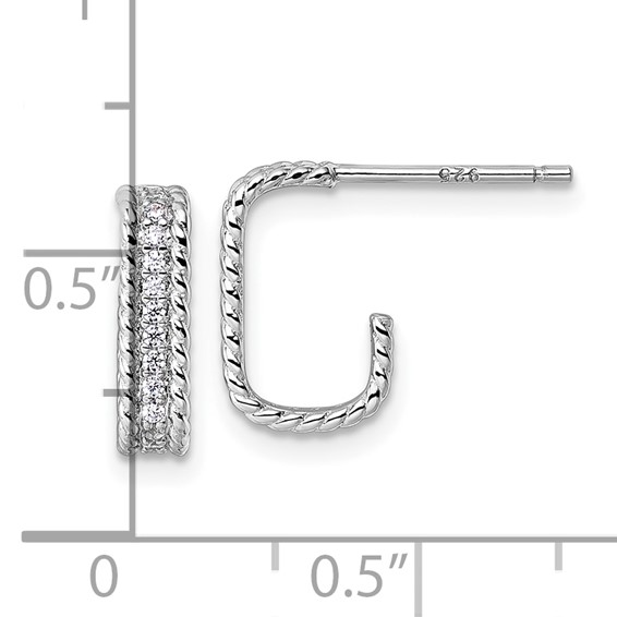 Sterling Silver Rhodium-plated CZ Rope Edge Rectangle J-Hoop Post Earrings