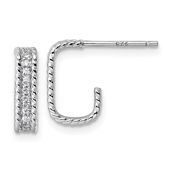 Sterling Silver Rhodium-plated CZ Rope Edge Rectangle J-Hoop Post Earrings
