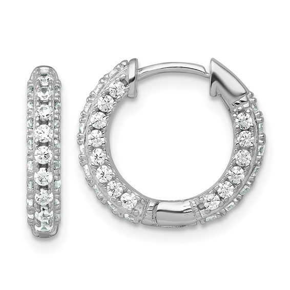 Sterling Silver Rhodium-plated Polished CZ Round Hinged Hoop Earrings