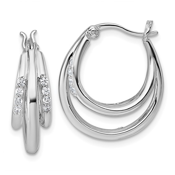 Sterling Silver Rhodium-plated Polished White CZ Triple Hoop Earrings