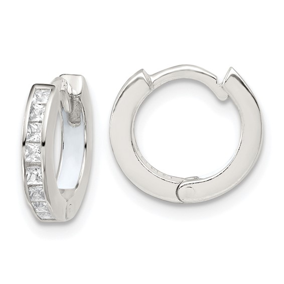 Sterling Silver Polished CZ and White Enamel In and Out 13mm Hinged Round Hoop Earrings