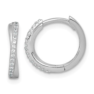 Sterling Silver Rhodium-plated Polished CZ -X- Round Hinged Hoop Earrings