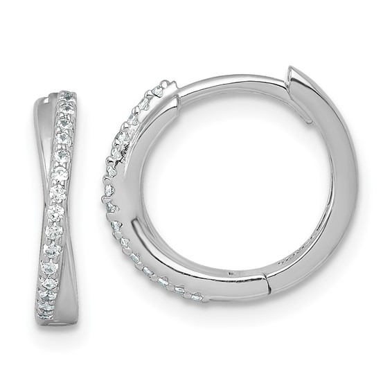Sterling Silver Rhodium-plated Polished CZ -X- Round Hinged Hoop Earrings