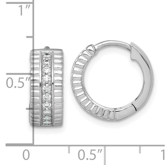 Sterling Silver Rhodium-plated Polished and Grooved CZ 6.2mm Hinged Hoop Earrings