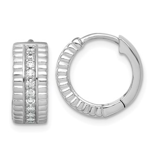 Sterling Silver Rhodium-plated Polished and Grooved CZ 6.2mm Hinged Hoop Earrings